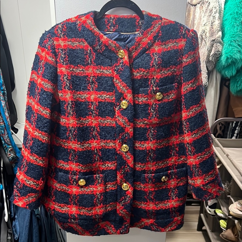 Red and Blue Tweed Blazer with Fringe Trim